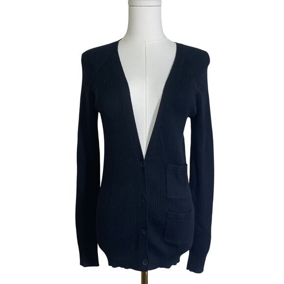 Kate Spade Saturday Cardigan Small Black Blue Ribbed Knit Linen Cotton Button Up - Picture 1 of 6